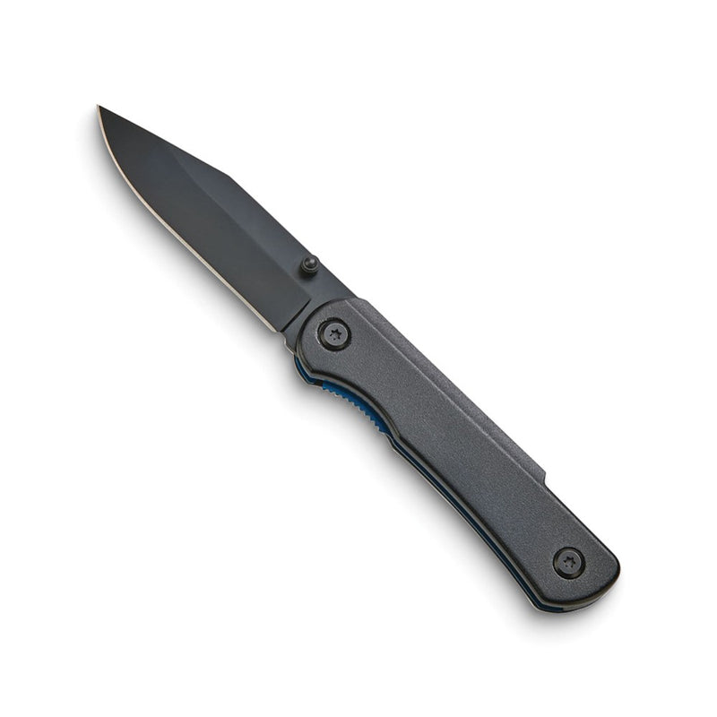 Black-plated Stainless Steel with Blue Edge Trim and Black Aluminum Handle Locking Pocket Knife