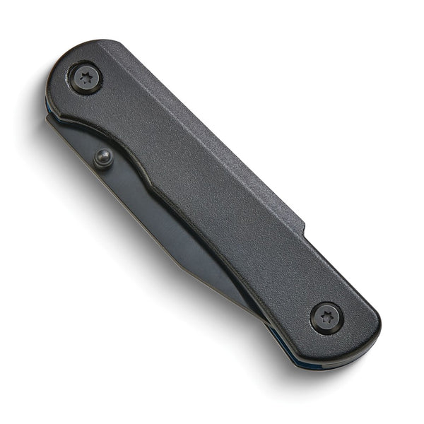 Black-plated Stainless Steel with Blue Edge Trim and Black Aluminum Handle Locking Pocket Knife