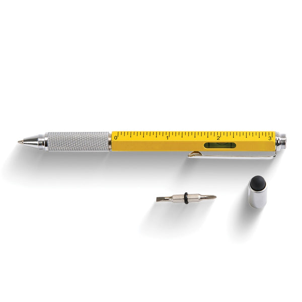 Yellow Stylus/Flat and Phillips Screwdriver Bits/Bubble Level/3 Inch Ruler Multi-Purpose Tool Pen with Pocket Clip