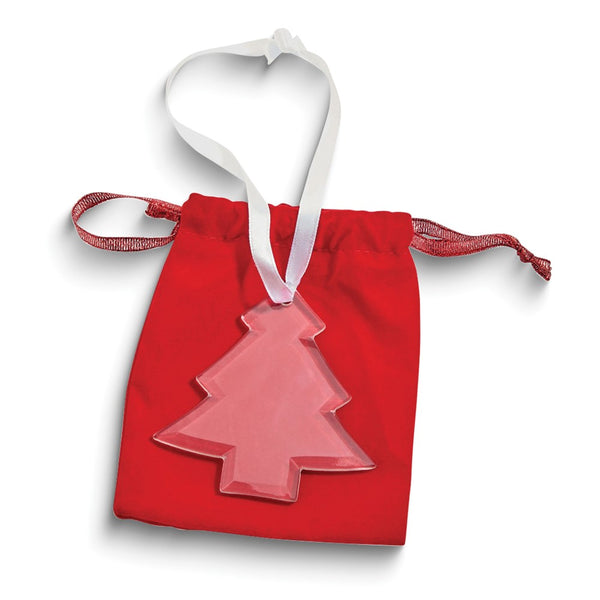 Christmas Tree Shaped Beveled Glass Ornament with White Ribbon and Velveteen Pouch