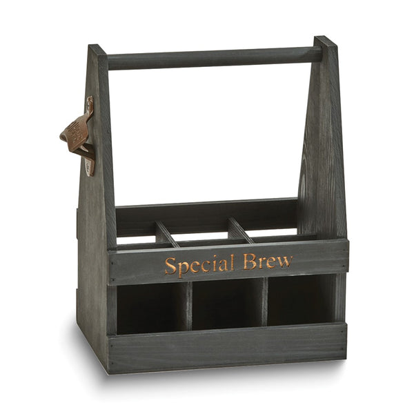 6 Bottle Black Wood Beverage Caddy With Bottle Opener