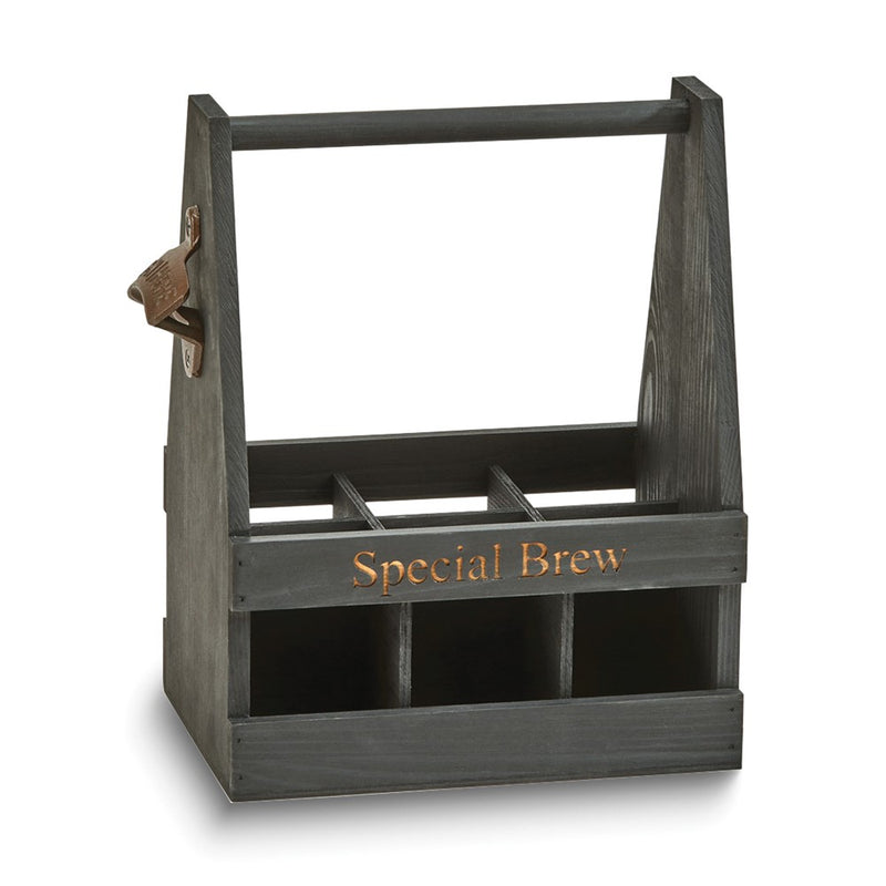 6 Bottle Black Wood Beverage Caddy With Bottle Opener