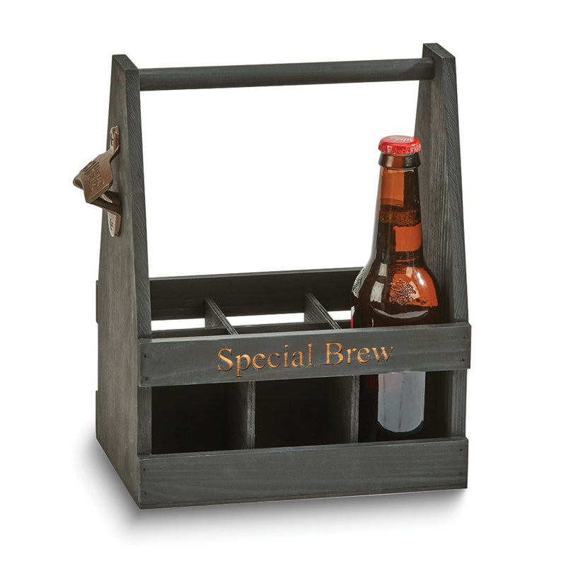 6 Bottle Black Wood Beverage Caddy With Bottle Opener