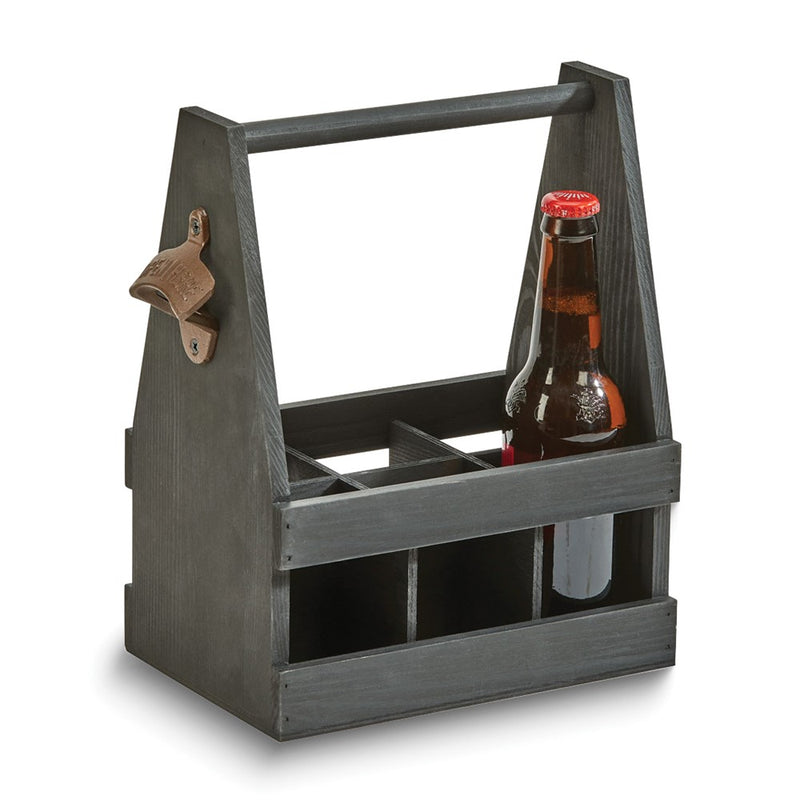 6 Bottle Black Wood Beverage Caddy With Bottle Opener