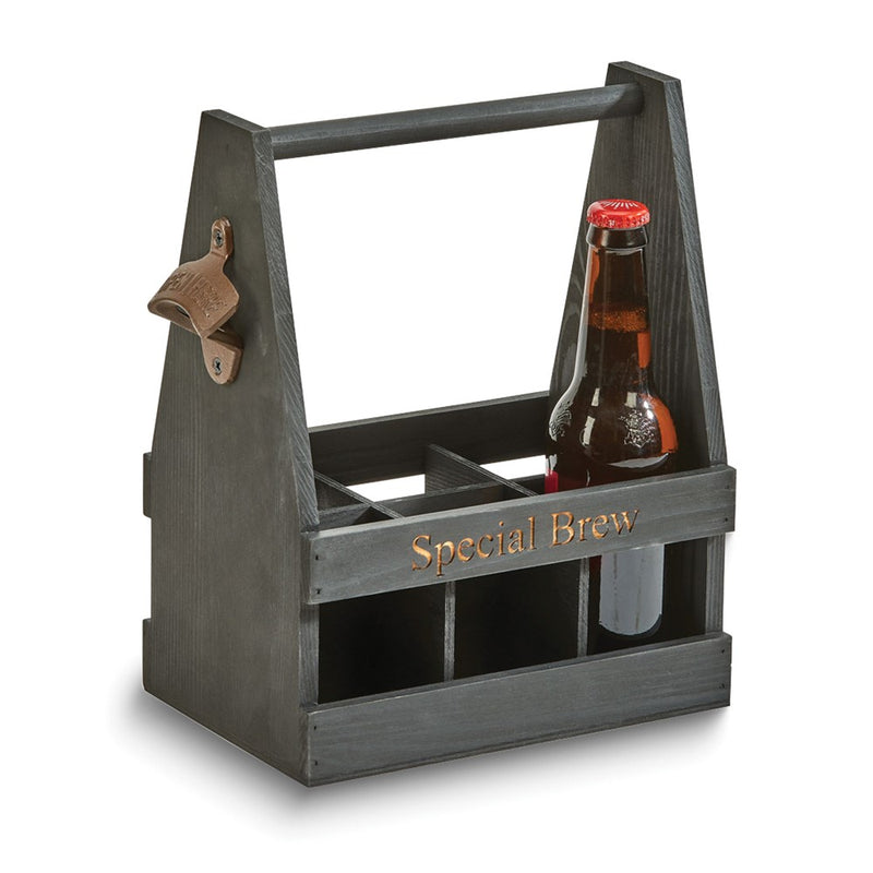 6 Bottle Black Wood Beverage Caddy With Bottle Opener