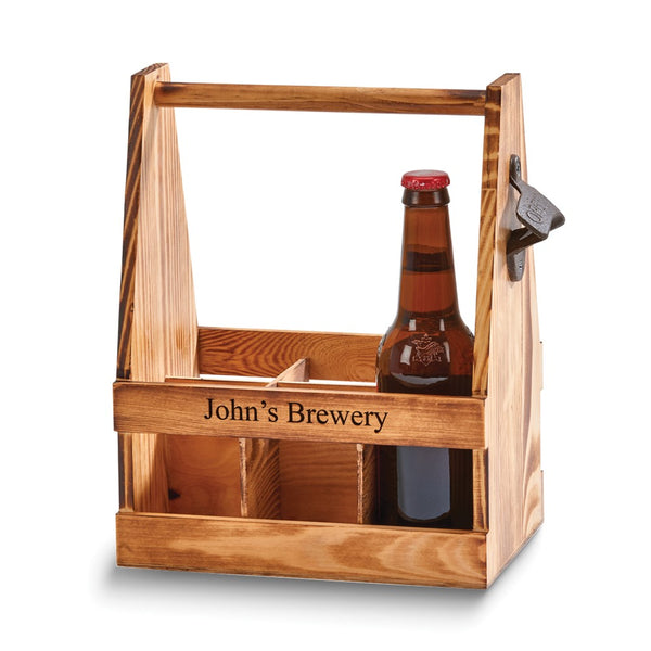 6 Bottle Light Wood Beverage Caddy With Bottle Opener