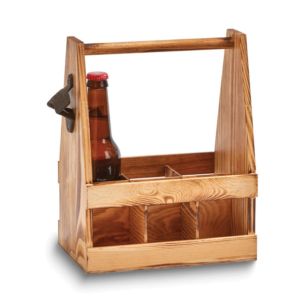 6 Bottle Light Wood Beverage Caddy With Bottle Opener