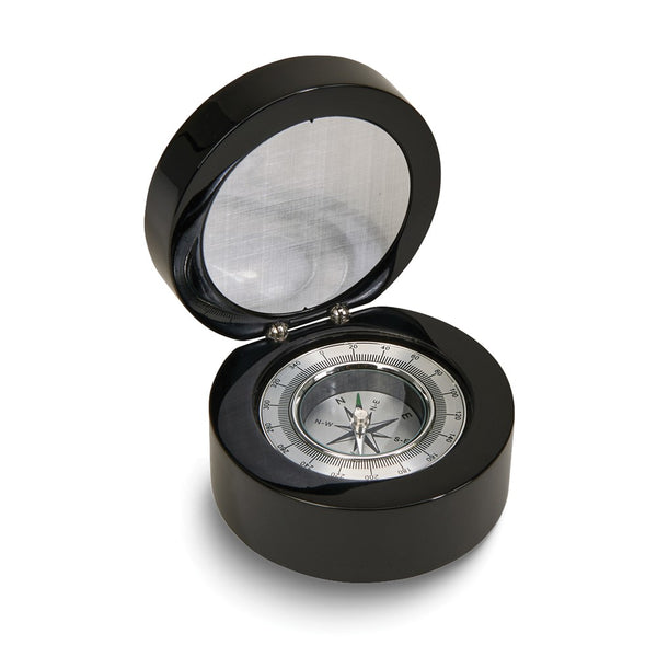 Black Wood Round Box With Compass and Engravable Plate