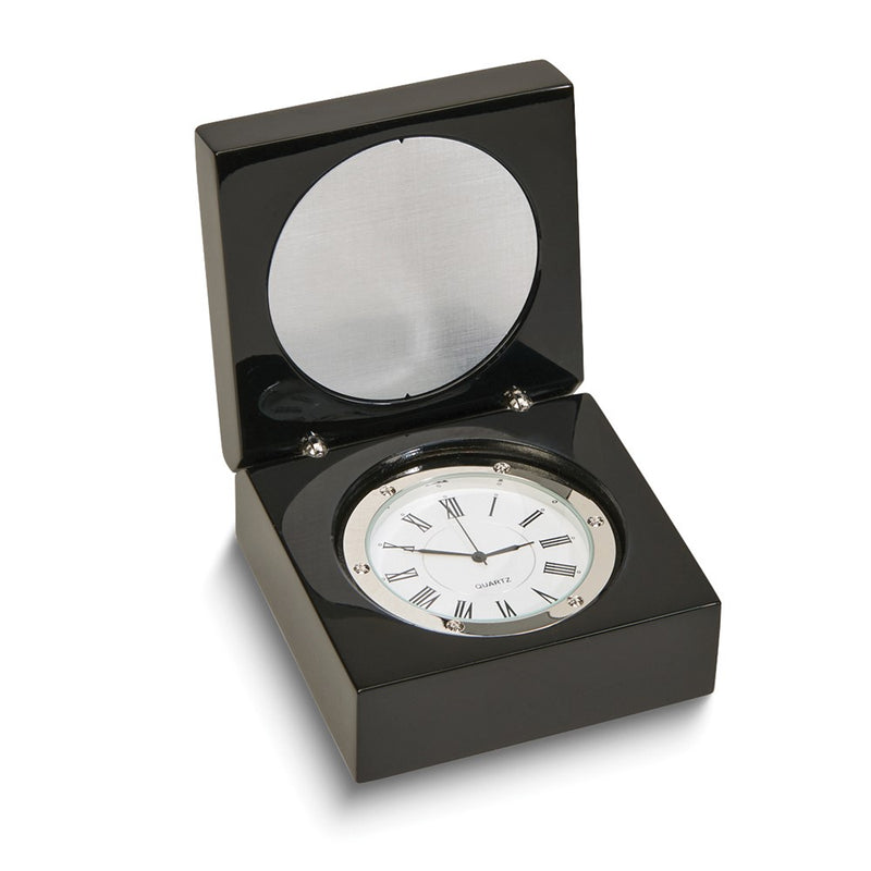 Black Wood Square Box With Clock and Engravable Plate
