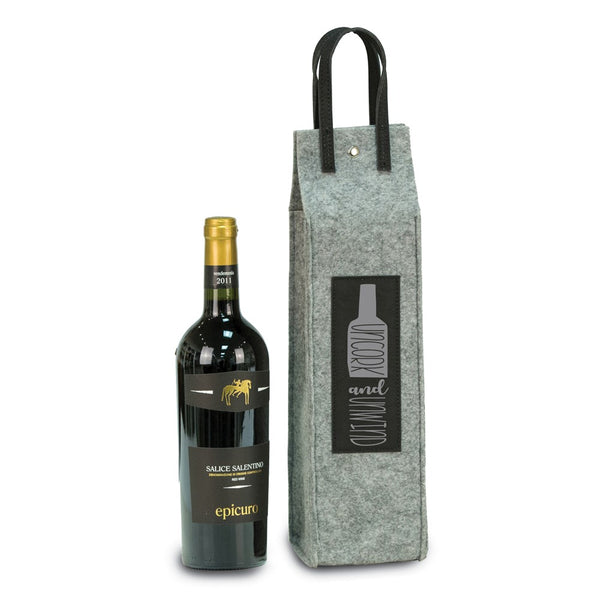 Uncork and Unwind Grey Felt and Black Leather Wine Tote with Snap Closure