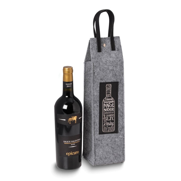 Wines of the World Grey Felt and Black Leather Wine Tote with Snap Closure