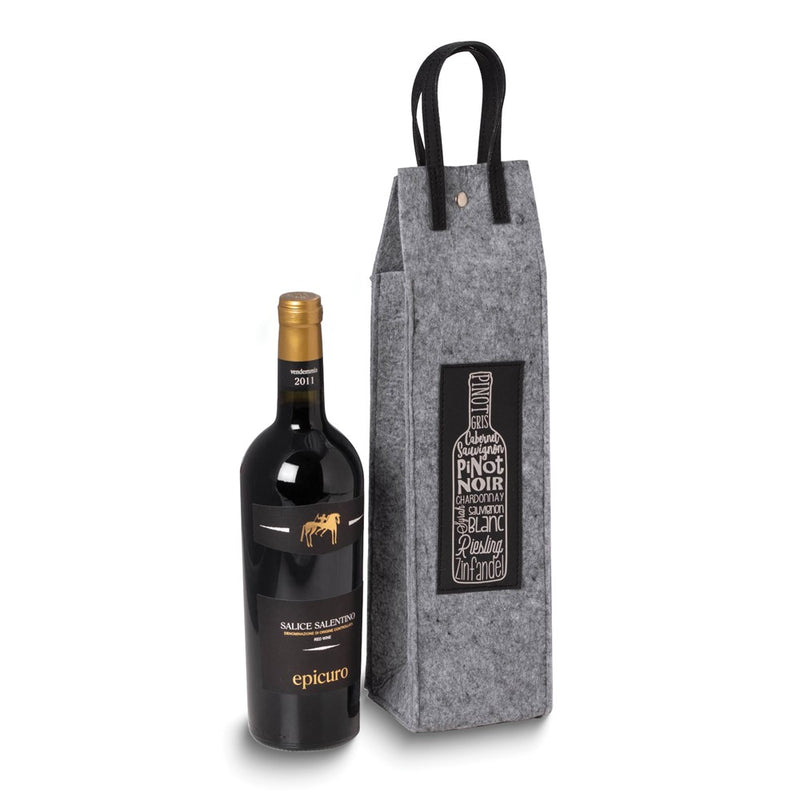 Wines of the World Grey Felt and Black Leather Wine Tote with Snap Closure
