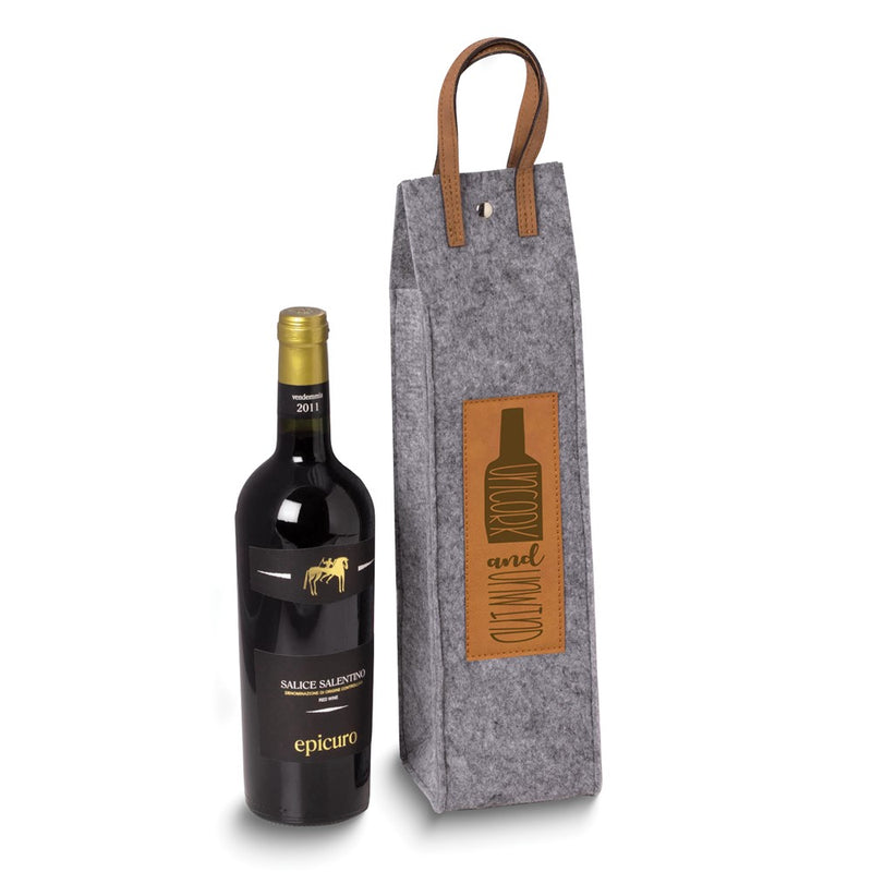 Uncork and Unwind Grey Felt and Brown Leather Wine Tote with Snap Closure