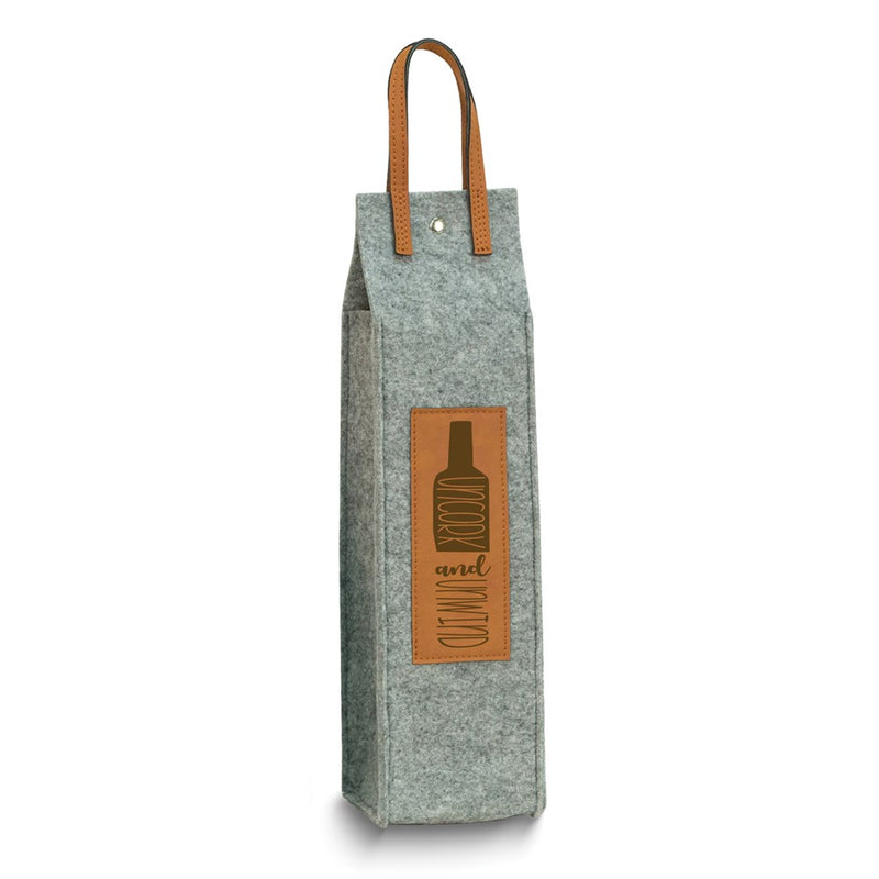 Uncork and Unwind Grey Felt and Brown Leather Wine Tote with Snap Closure