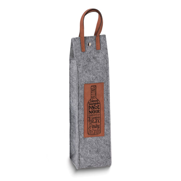 Wines of the World Grey Felt and Brown Leather Wine Tote with Snap Closure