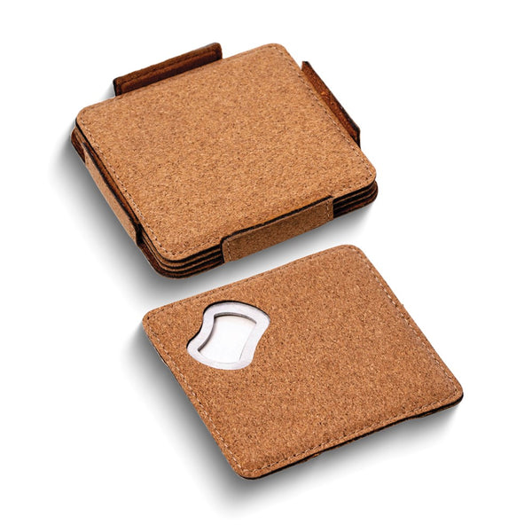 Stainless Steel Bottle Opener and Cork Set of 4 Coasters with Holder