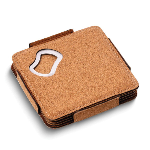 Stainless Steel Bottle Opener and Cork Set of 4 Coasters with Holder