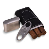 Black Leather Three Cigar Case and Stainless Steel Cutter Set