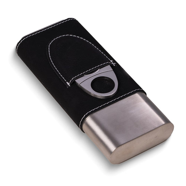 Black Leather Three Cigar Case and Stainless Steel Cutter Set