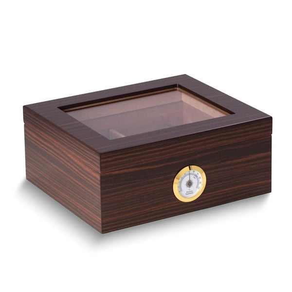 Lacquered Ebony Finish Wood Glass Lid 50-Cigar Humidor with Spanish Cedar Lining, Hygrometer and Humidistat