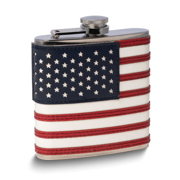 Stainless Steel and American Flag Leather 6 ounce Captive Cap Flask