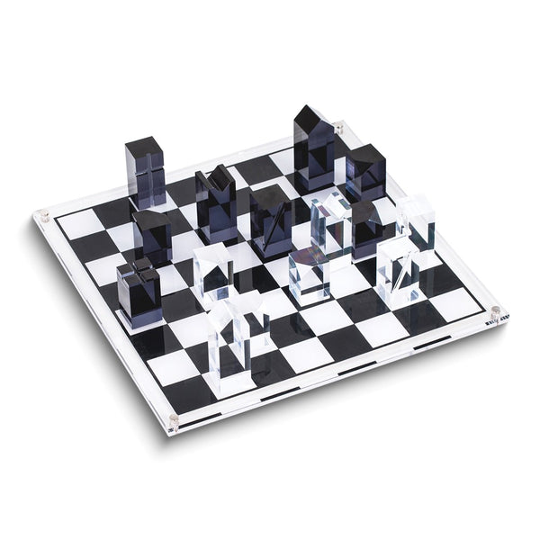 Black and White Acrylic Chess Set with Geometric Chessmen