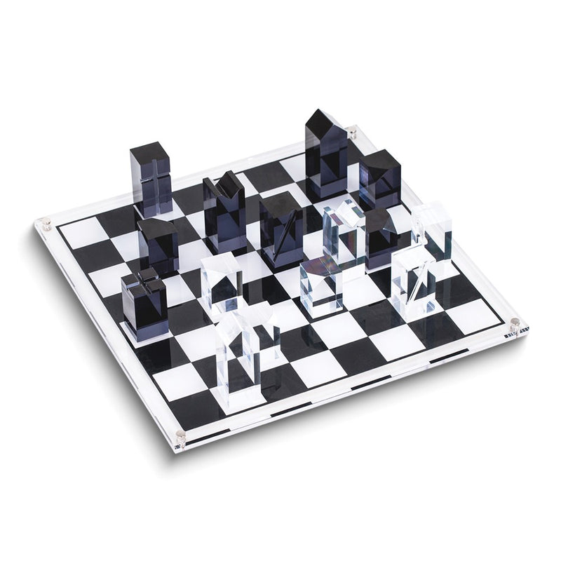 Black and White Acrylic Chess Set with Geometric Chessmen