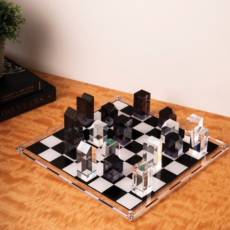 Black and White Acrylic Chess Set with Geometric Chessmen