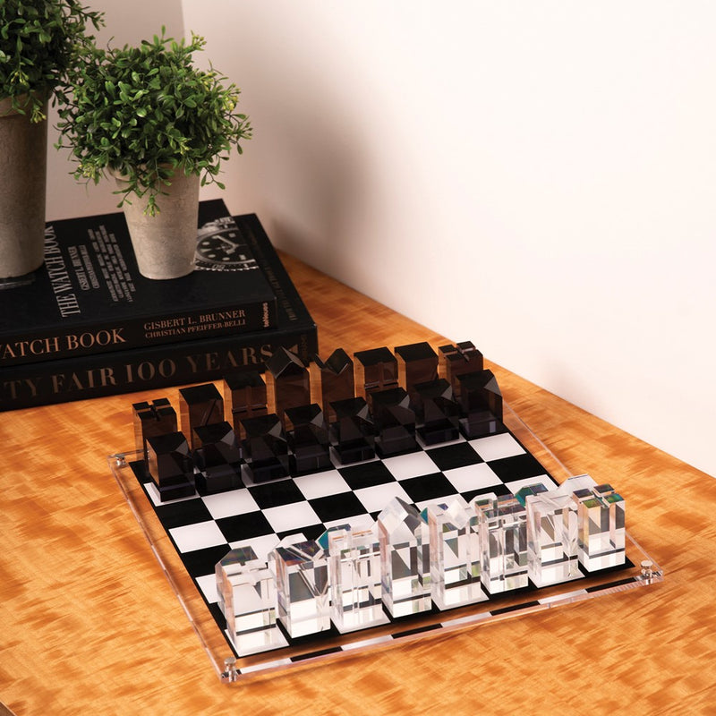 Black and White Acrylic Chess Set with Geometric Chessmen