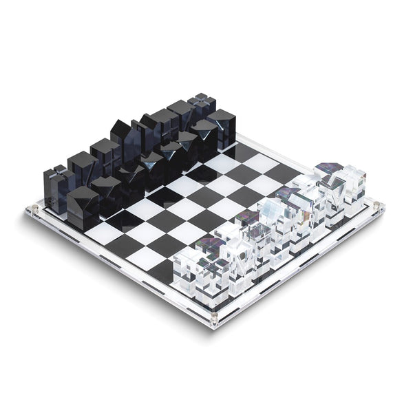 Black and White Acrylic Chess Set with Geometric Chessmen