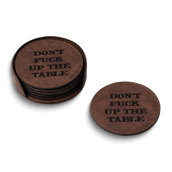 Don't F Up The Table Brown Leatherette Six Coaster and Holder Set