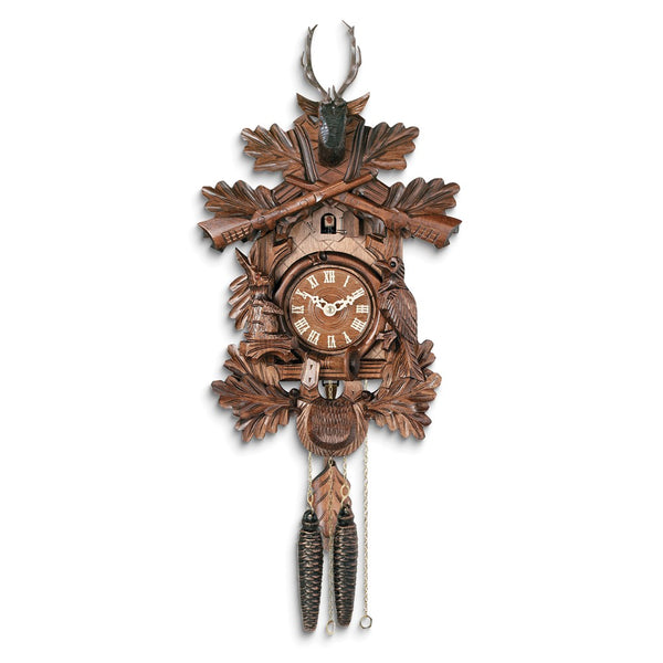 Hunters Carved Animals and Rifles Wooden One-Day Movement Cuckoo Clock