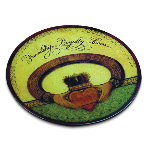 Claddagh FRIENDSHIP LOYALTY LOVE Tempered Glass 11.75 inch Diameter Cutting Board