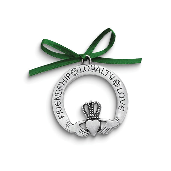 FRIENDSHIP LOYALTY LOVE Claddagh Silver-tone Green Ribbon Ornament