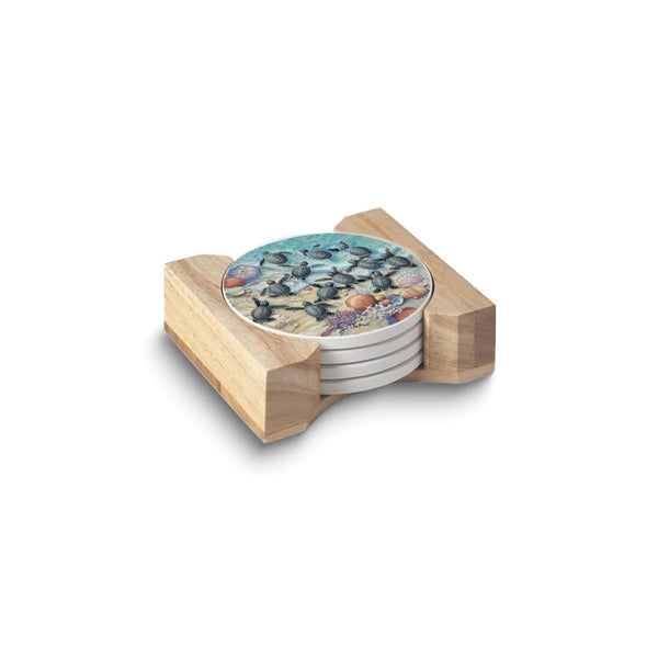 Turtle Hatchlings Round Set of Four Absorbent Stone Coasters with Wooden Holder