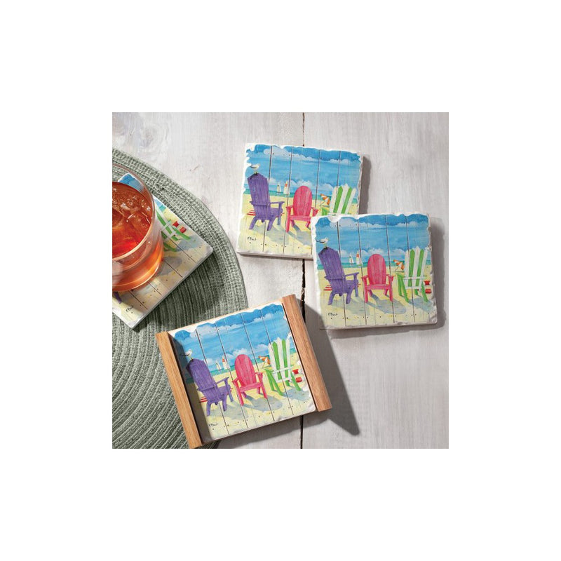 Three Beach Chairs Square Set of Four Absorbent Stone Coasters with Wooden Holder