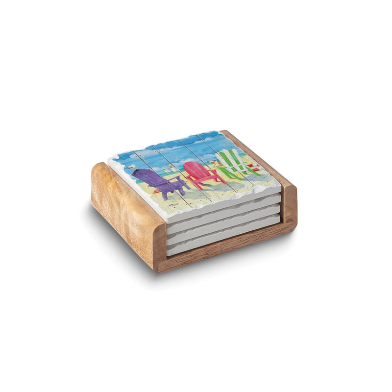 Three Beach Chairs Square Set of Four Absorbent Stone Coasters with Wooden Holder