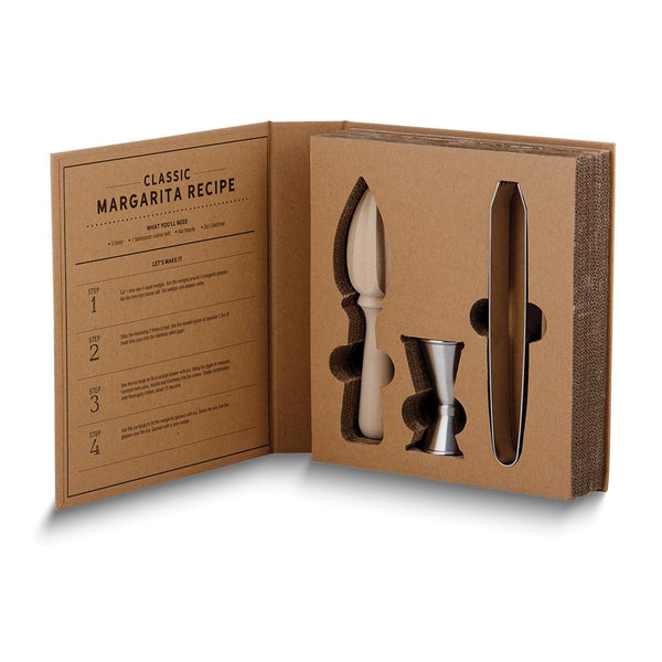 Cardboard Book Margarita Cocktail Kit - Includes Stainless Steel Tongs and Jigger with Wooden Juicer