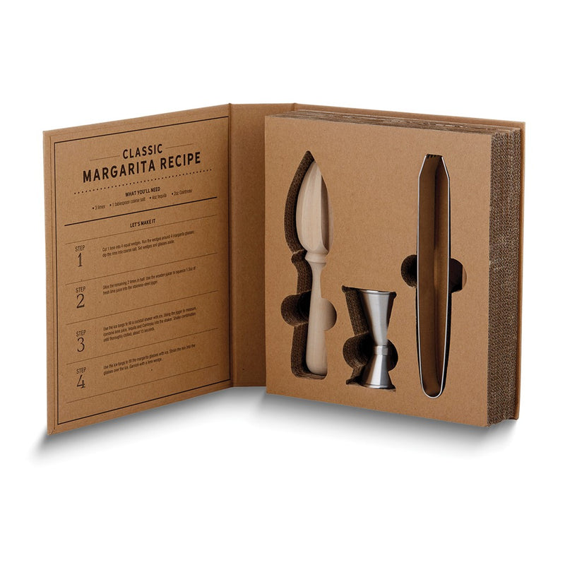 Cardboard Book Margarita Cocktail Kit - Includes Stainless Steel Tongs and Jigger with Wooden Juicer