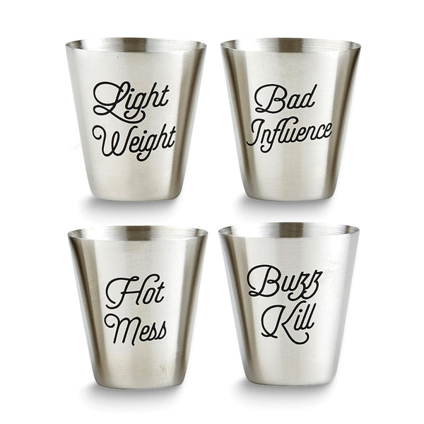 Stainless Steel Personality 2 ounce Shot Cups with Assorted Sayings