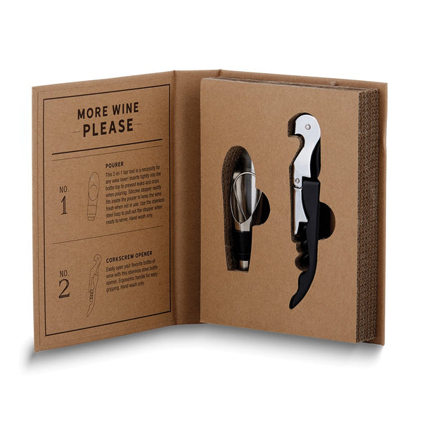 Stainless Steel in Cardboard Book More Wine Please Set - Includes Corkscrew Opener and Pourer