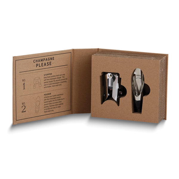 Stainless Steel in Cardboard Book Champagne Please Set - Includes Pourer and Stopper