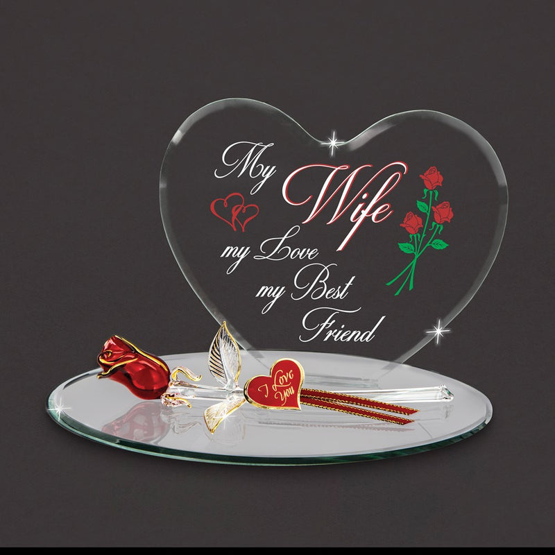 Glass Baron MY WIFE MY LOVE MY BEST FRIEND Heart with Red Rose Handcrafted Glass Figurine