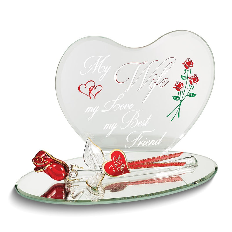 Glass Baron MY WIFE MY LOVE MY BEST FRIEND Heart with Red Rose Handcrafted Glass Figurine