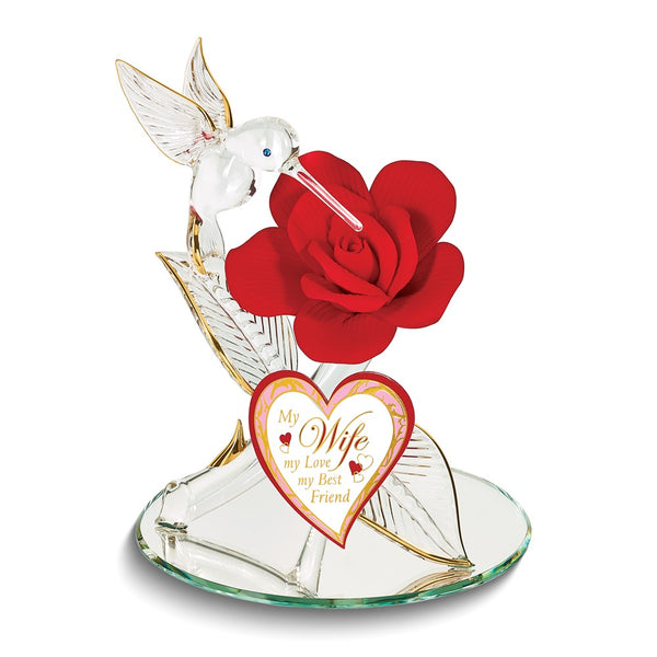 Glass Baron MY WIFE MY LOVE MY BEST FRIEND Red Rose and Hummingbird Handcrafted Glass Figurine