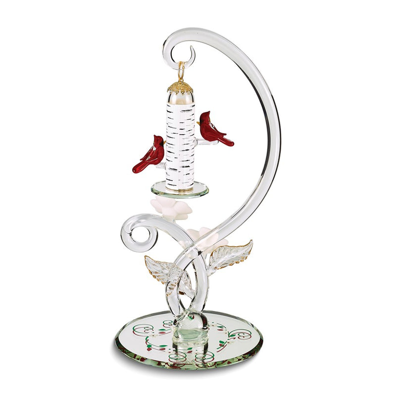 Glass Baron Cardinals with Bird Feeder Handcrafted Glass Figurine