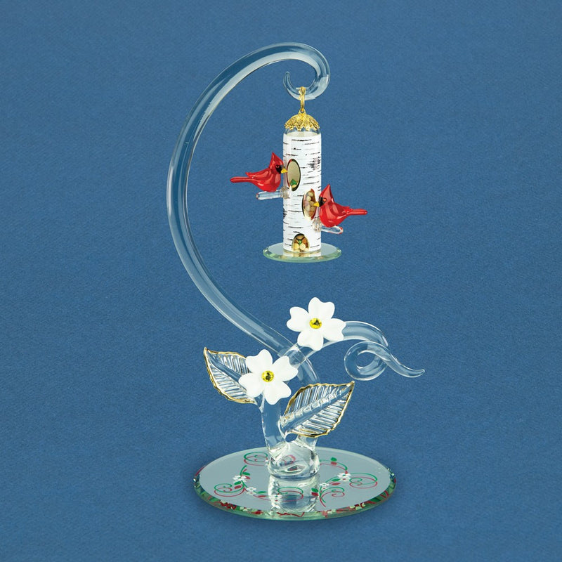 Glass Baron Cardinals with Bird Feeder Handcrafted Glass Figurine