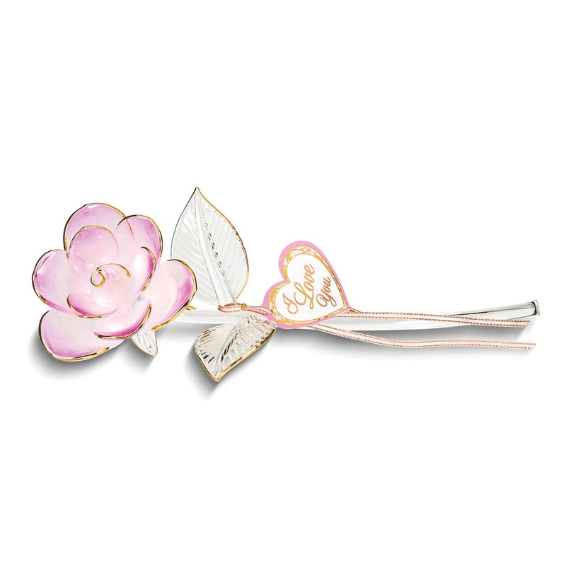 Glass Baron I LOVE YOU Pink Rose Handcrafted Glass Figurine with 22k Gold Trim