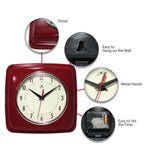 Square Retro Red Finish Metal Quartz Wall Clock with Silent Movement