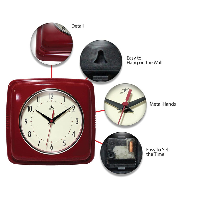 Square Retro Red Finish Metal Quartz Wall Clock with Silent Movement